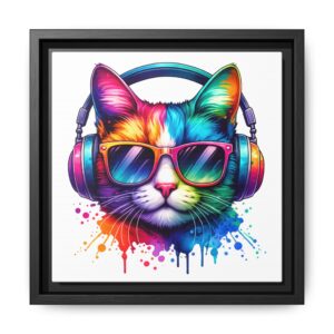 Rainbow Cat with Headphones Matte Canvas Framed