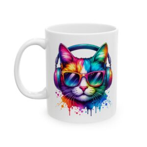 Colorful Cat with Headphones Ceramic Mug (11oz, 15oz)