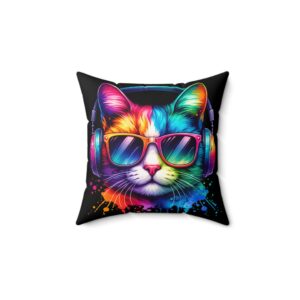 Colorful Cat with Headphones and Sunglasses Pillow - Black