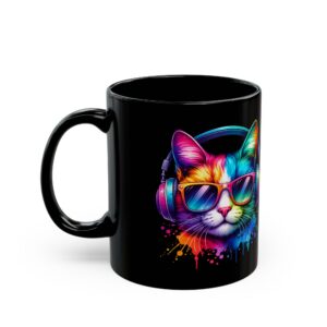 Colorful Cat with Headphones Black Mug — 11oz & 15oz